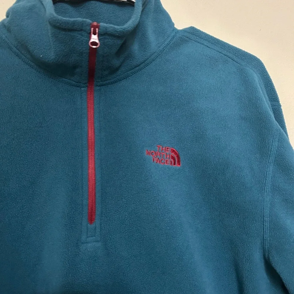 The North Face Mens Fleece Pullover Sweater M Quarter Zip Teal Red Trim Casual‎